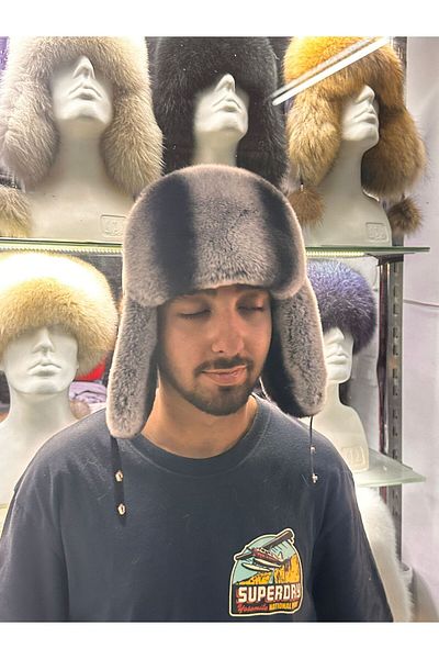 hoaryage Genuine Wolf Chinchilla Mink Fur Ushanka Pilot Leather Hat