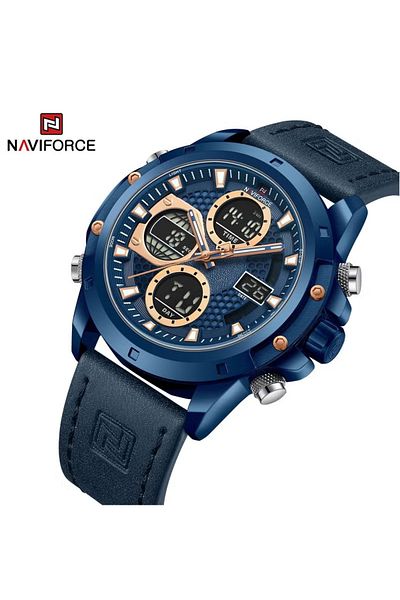 Naviforce Sport Analog-Digital Wrist Watch for Men with Leather Strap Water Resistant Multi-Function Timepiece
