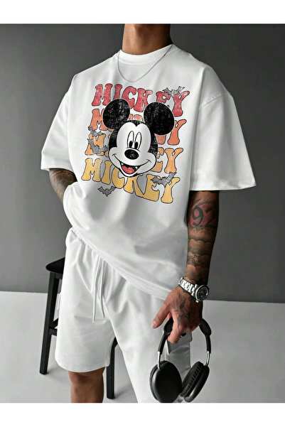 Unique Unisex Kadın Erkek Mickey Mous Özel Baskılı Oversize Pamuk Penye T-shi...