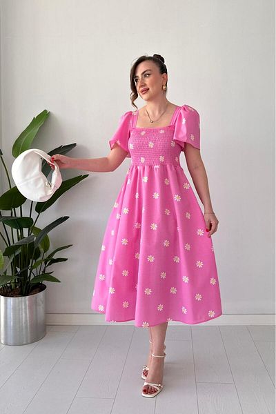 MaziButik Rochie din poplin cu mâneci cu clopoței cu margarete roz