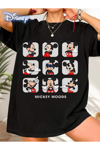 Unique Unisex Kadın Erkek Mickey Mous Özel Baskılı Oversize Pamuk Penye T-shirt Siyah