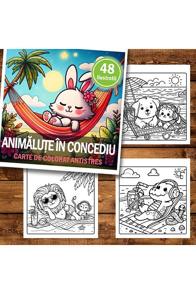 Legendary Gifts Mini coloring book for relaxation and anti-stress, 48 illustrations of animals on vacation, 102 pages