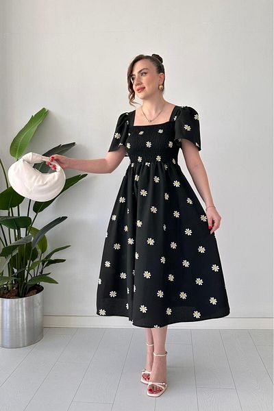 MaziButik Daisy Bell Sleeve Poplin Dress Black