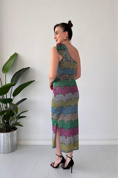 MaziButik Zigzag Dress with Shoulder Bow Colorful