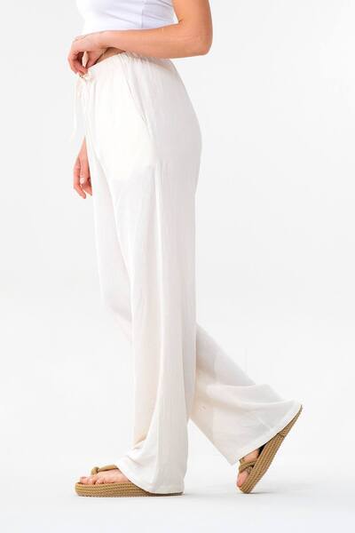 Fashion Showcase Linen Elastic Waist 100% Natural Fabric Trousers Ecru