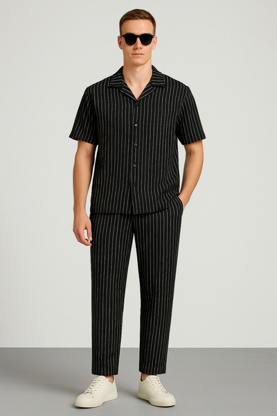 tetramoda Crepe Fabric Regular Fit Short Sleeve Shirt and Pants Suit Set of 2