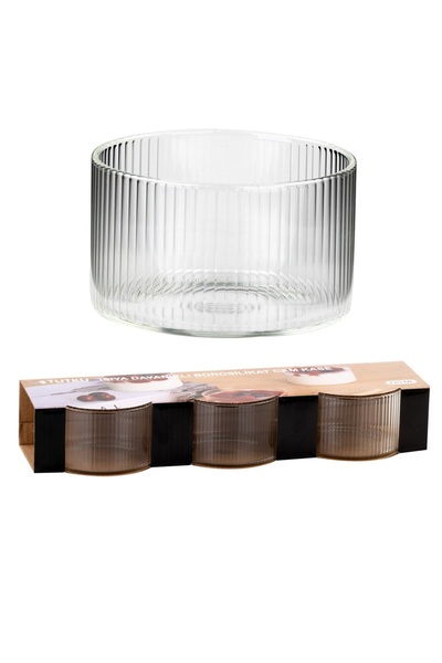 Hanedanev 3 Adet Borosilikat Cam Kase Çizgili Sufle Kabı Magnolya Çerezlik Kasesi 220 ML 8x5 Cm