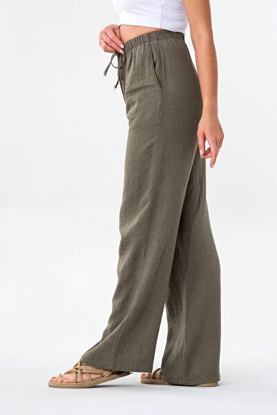 Fashion Showcase Linen Elastic Waist 100% Natural Fabric Trousers Khaki