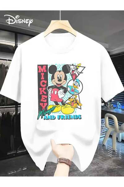Unique Unisex Kadın Erkek Mickey Mous Özel Baskılı Oversize Pamuk Penye T-shirt Beyaz