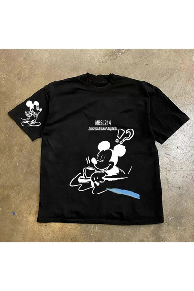 Unique Unisex Kadın Erkek Mickey Mous Özel Baskılı Oversize Pamuk Penye T-shi...