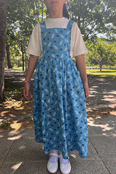 Masnu Çocuk Girl's Cotton Thin Gabardine Long Length Blue Leaf Patterned Hijab Salopet Dress