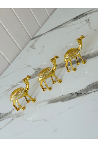 Melinda DEKORATİF GOLD DEVE AKSESUARLI AYAKLI CAM LOKUMLUK KAHVE YANI 3 ADET