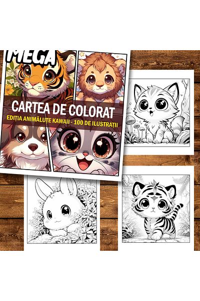 Legendary Gifts Mega mini anti-stress coloring book, 100 Kawaii Animal illustrations, 206 pages