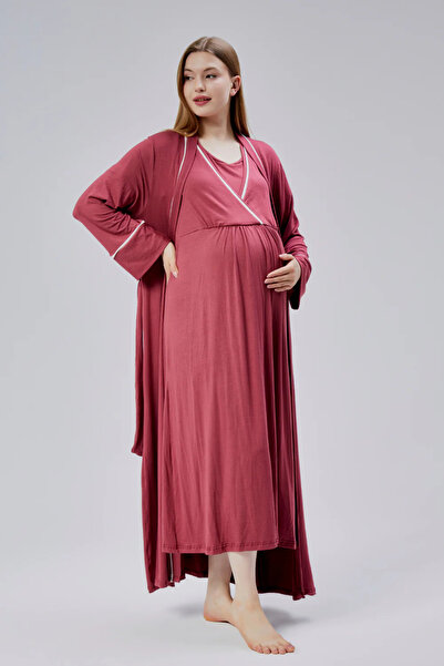 Lohussa Women's Fusya Piping Special Design Full Length 100% Cotton Summer Maternity Maternity Dressing Gown Nightgown Set