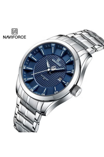 Naviforce Elegant Blue Dial Stainless Steel Watch for Men with Quartz Movement Date Display and Water