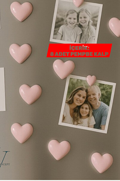 v Vanilla Concept Buzdolabı Mıknatıs 8’li El Yapımı Kalpli Magnet Seti (Pembe)