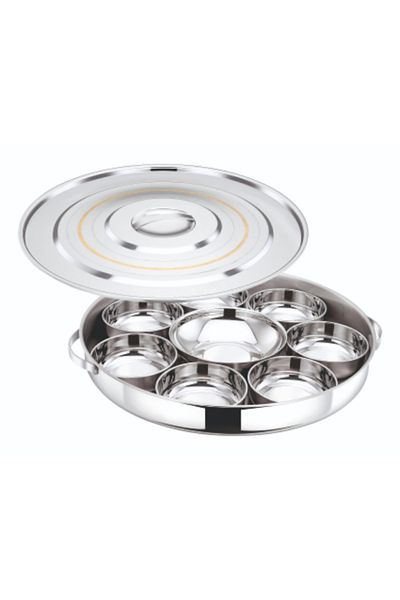 Bohara High-quality stainless steel serving plate set. Consists of 9 pieces with a lid. Distinctive golden line.