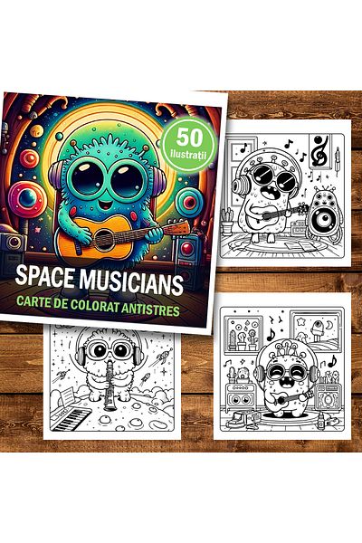 Legendary Gifts Mini coloring book for relaxation and anti-stress, 50 illustrations Adorable Space Musicians, 106 pages