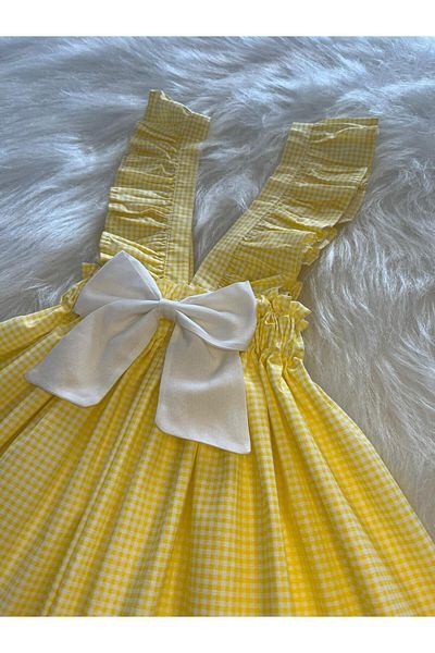 Eylülce Butik Girl's Yellow Pork White Bow Ruffle Strap Salopet Dress (100% Cotton Fabric)