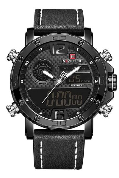 Naviforce Mens Black Dial Black Leather Strap Watch Analog Digital Quartz Waterproof Chronograph