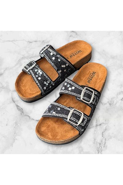 Witta Women's Double Buckle Black Stone Orthopedic Comfort Sole Slippers
