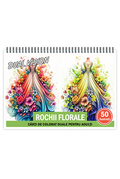 Legendary Gifts Carte de colorat Dual Vision, 50x2 ilustratii cu Rochii Florale, 106 pagini