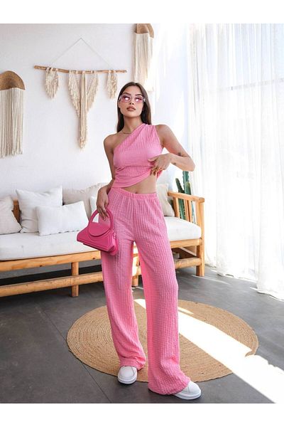 orjinal blue b Women's Pink Wrinkle Fabric Single Shoulder Crop&Pants Set-Mx13654
