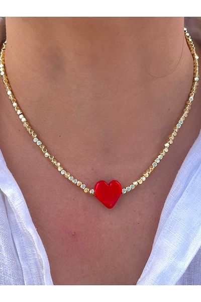 Twinssis Accessories Red Heart Murano Model Gold Cube Necklace