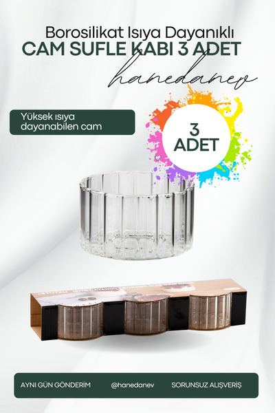 Hanedanev 3 Adet Borosilikat Cam Kase Çizgili Sufle Kabı Magnolya Çerezlik Ka...
