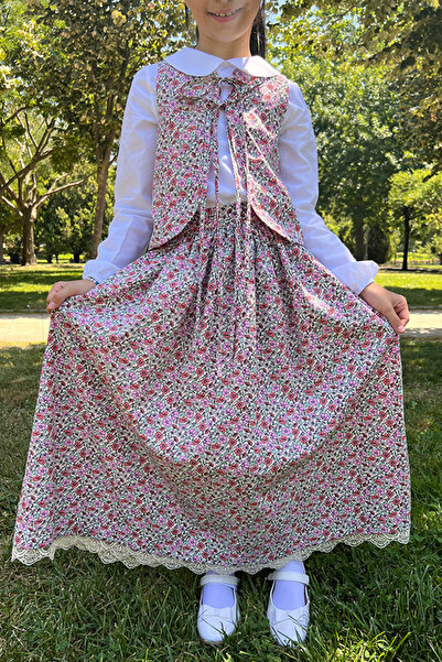 Masnu Çocuk Kız Çocuk Pembe Pamuklu Çiçekli Uzun Etek Yelek Tesettür Takım