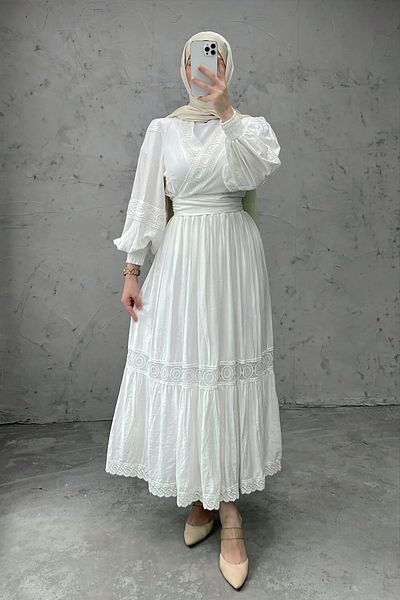 Tesettür Diyarı Women's Cotton Guipure Detailed Belted Double Suit