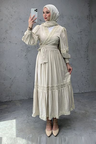 Tesettür Diyarı Women's Cotton Guipure Detailed Belted Double Suit