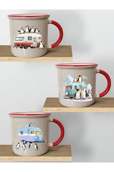 lili hediyelik Penguin and Caravan Printed Set of 3 Ceramic Mouth Red Mug - Home Kitchen Office Workplace Utensil