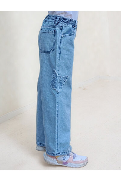 Asortik Kids Kelebek Nakışlı Yüksek Bel Beli Lastikli %100 Pamuk Denim Kot Pantolon