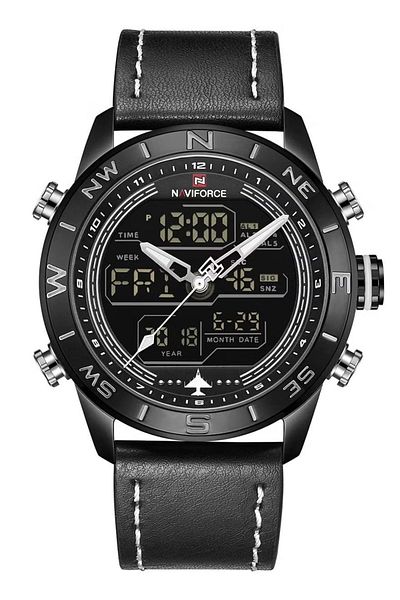 Naviforce Mens Black Aviation Chronograph Watch Black Dial White Stitch Leather Strap Analog Digital Quartz