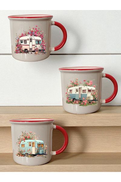 lili hediyelik Rose and Caravan Printed 3-Piece Ceramic Mouth Red Mug Cup - Home Kitchen Office Workplace Utensil