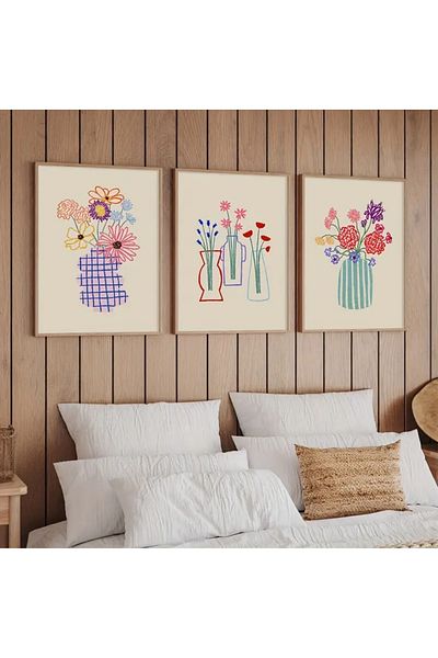 NT Handmade Natural Wooden Framed Uv Printing 3-Piece Colorful Flower Pattern Painting Set – Modern & Stylish Wall Decor