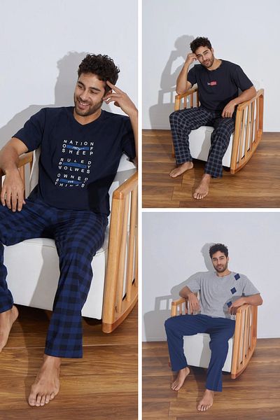 Ayans Pijama 3-Piece Plaid Summer Combed Cotton Single Jersey Men's Pajama Set