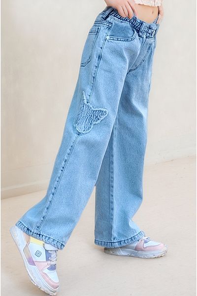 Asortix Girls' Butterfly Embroidered Soft Textured Wide Leg Wide Leg 100% Cotton Jean Girls' Jeans