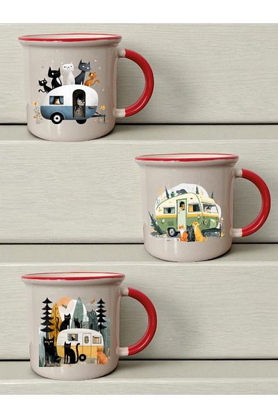 lili hediyelik Cats and Caravan Printed Set of 3 Ceramic Mouth Red Mug - Home Kitchen Office Workplace Utensil