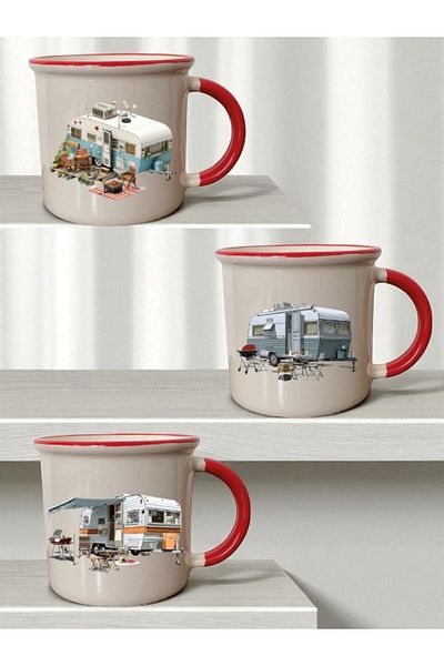 lili hediyelik Camping and Caravan Printed Set of 3 Ceramic Mouth Red Mug - Home Kitchen Office Workplace Utensil