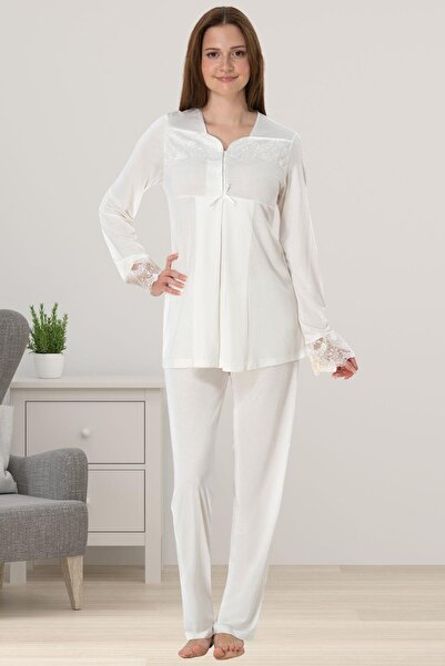 Lohussa Kadın Ekru Özel Tasarım Pamuklu Hamile Pijama Takımı