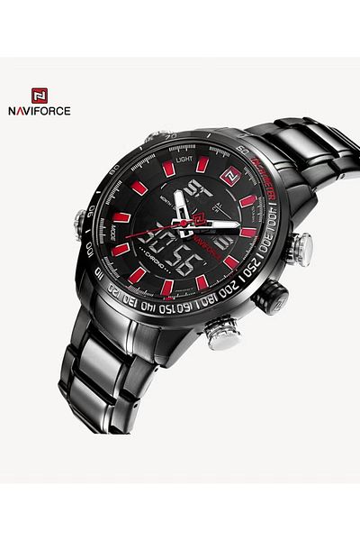 Naviforce Luxury Stainless Steel Chronograph Watch for Men with Digital Analog Display LED Backlight