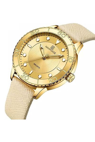 Naviforce Elegant Women's Quartz Watch Stylish Round Dial with Textured Design Rotating Bezel Leather Strap