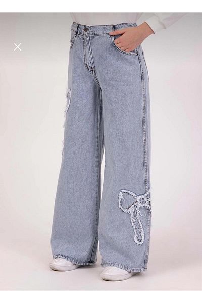 Asortik Kids Girls' Ribbon Embroidered High Waist Elastic Waist 100% Cotton Denim Jeans