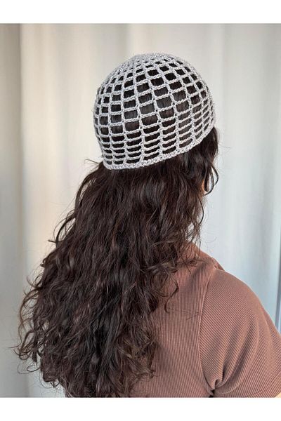 A&D HANDMADE Hand Knitted Mesh Beanie Hat>Mesh Hat with Silver>Hair Accessory