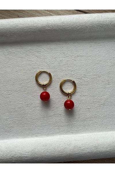 Pel Design 8 mm Coral Stone Steel Hoop Earring Handmade
