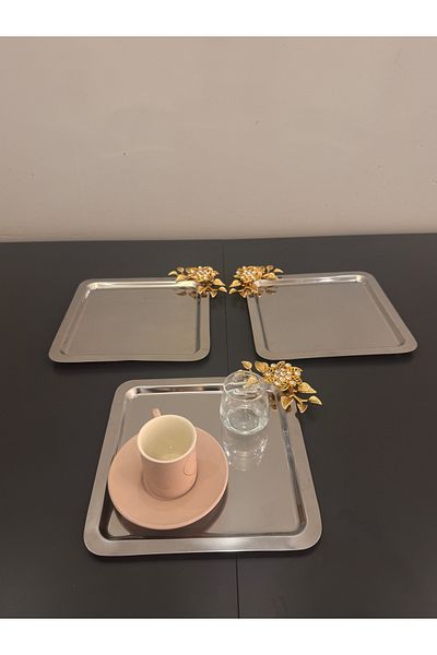 Abant 3-Piece Square Gold Brooch Leaf Accessory Coffee Presentation Tray