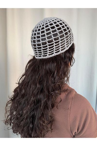 A&D HANDMADE Hand Knitted Mesh Beanie Hat>Mesh Hat with Silver>Hair Accessory