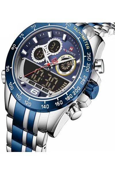 Naviforce Men's Analog-Digital Sports Watch, Stainless Steel Band with Blue Accents, Multifunction Chronograph